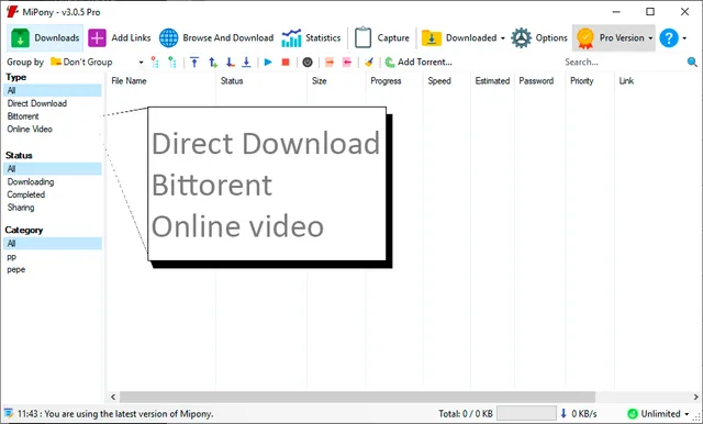 Download bittorrent, direct download and Youtube videos with Mipony