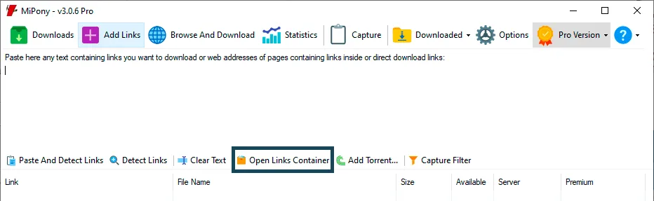 Open links container from the Add links screen