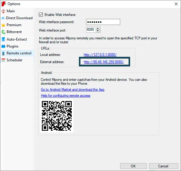 Remote control option in Mipony options