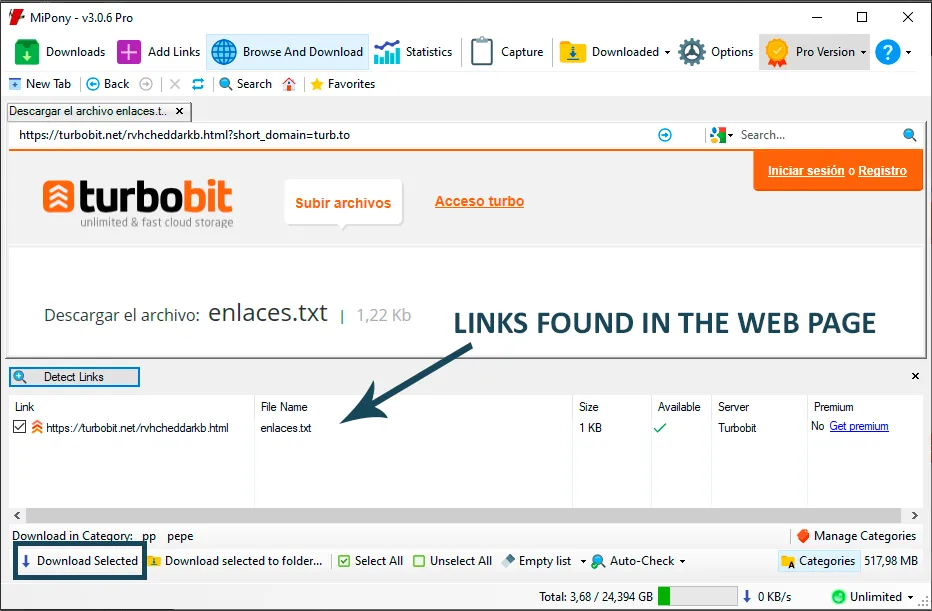 Use the internal browser to visit the page that contains the file links.